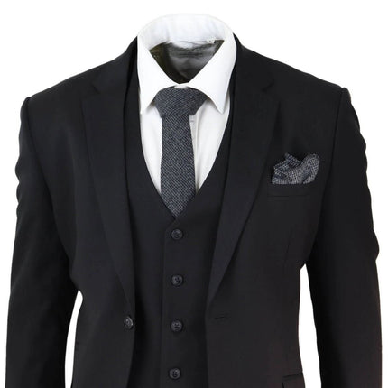 Mens 3 Piece Plain Black Classic Retro Tailored Suit