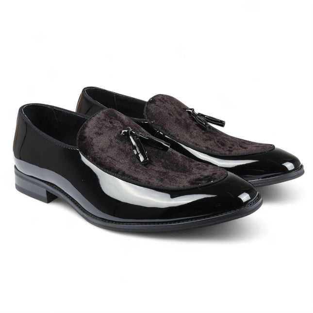 Men's Black Velvet Tassel Loafers Formal Patent Dress Shoes