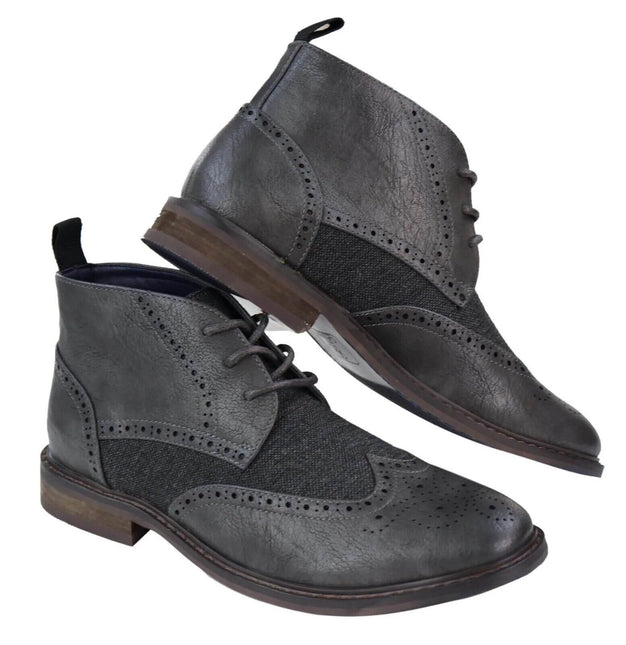 Mens Classic Tweed Oxford Brogue Ankle Boots In Grey Leather