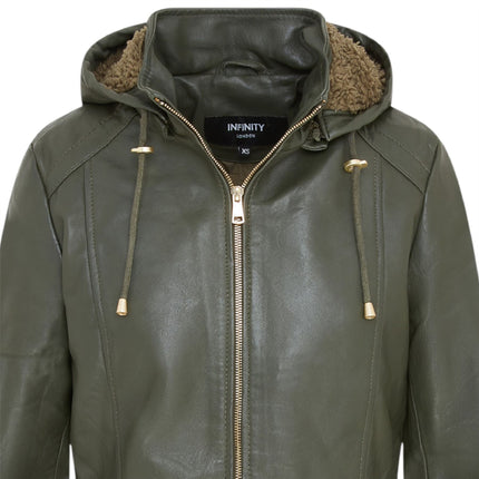 Women's Green Leather Parka Detachable Borg Hooded Trench Coat - Trekker