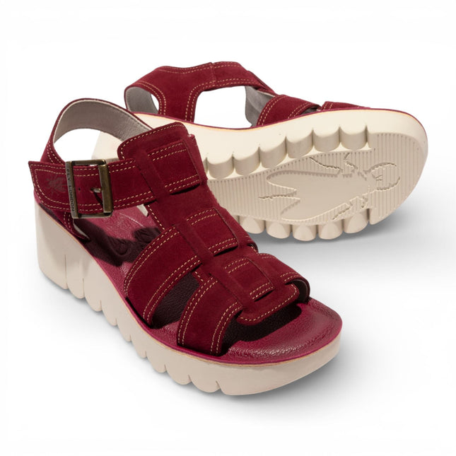 Fly London Women's YUDD236FLY Berry Red Leather Wedge Sandals