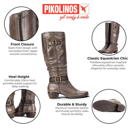 Pikolinos Women's Grey Leather Heel Knee-High Long Boots - Utiel