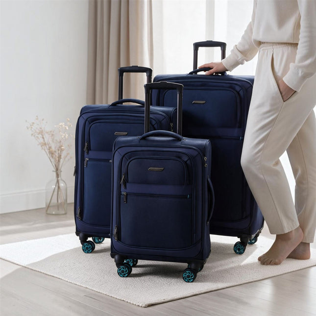 Soft Shell Blue 1680D Polyester Suitcase Set 8 Wheel TSA Lock Luggage