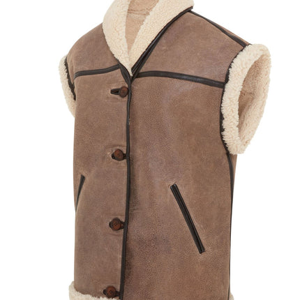 Womens Brown Aviator Shearling Sheepskin Leather Gilet Waistcoat