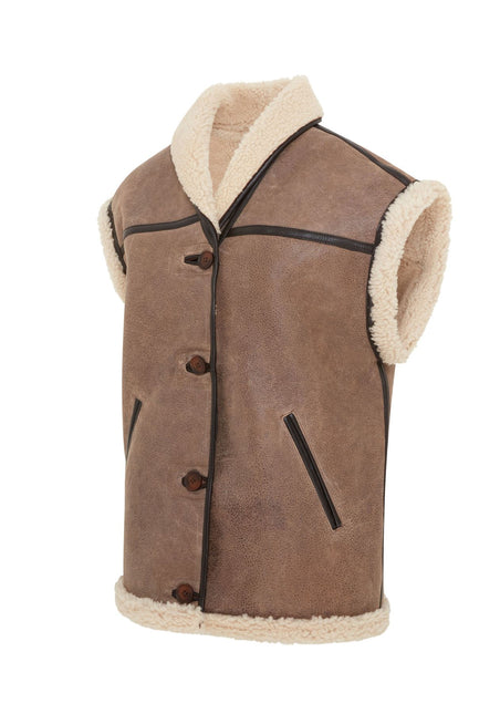 Womens Brown Aviator Shearling Sheepskin Leather Gilet Waistcoat