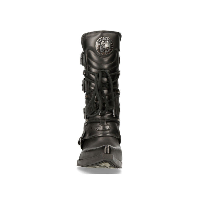 New Rock Black Leather Cowboy Buckle Boots- M-7993-S1
