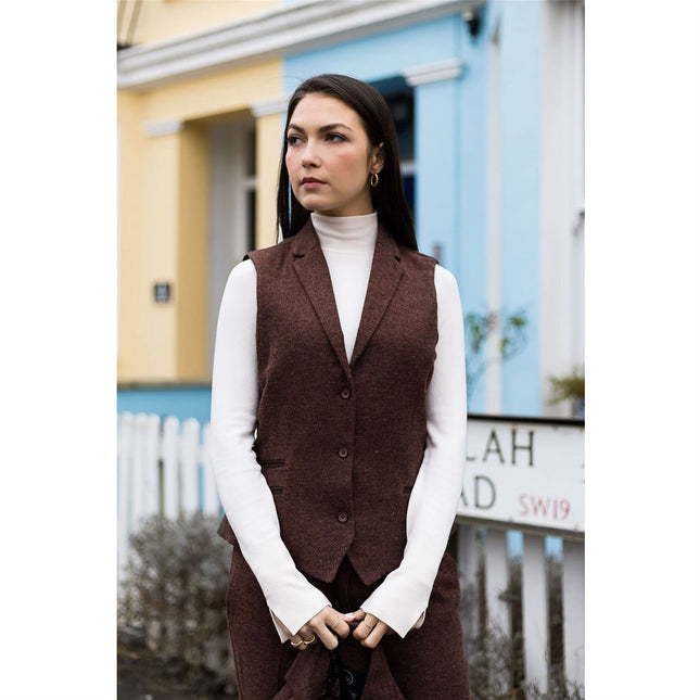 Women's Rust Brown 2 Piece Set Herringbone Wool Tweed Check Blazer Waistcoat