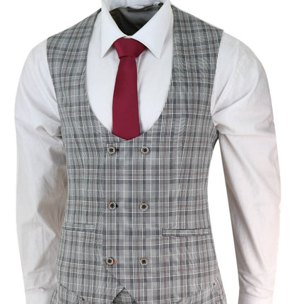 Mens 3 Piece Grey Check Retro Vintage Classic Suit