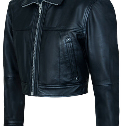 Womens Black Cropped Biker Leather Jacket - Dubai