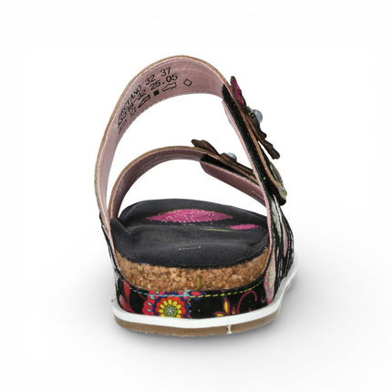 Laura Vita Women's Brcyano 32 Black Floral Leather Strappy Slipper Sandals