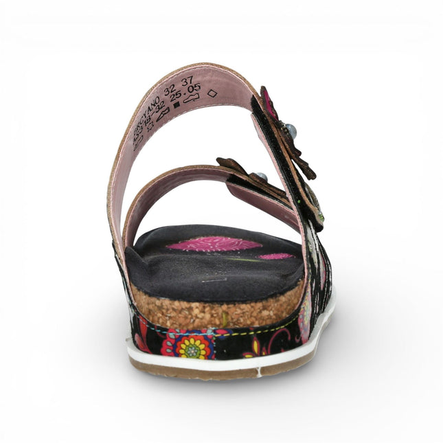 Laura Vita Women's Brcyano 32 Black Floral Leather Strappy Slipper Sandals