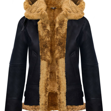 Womens Hooded Sheepskin Flying Leather Jacket-Palermo