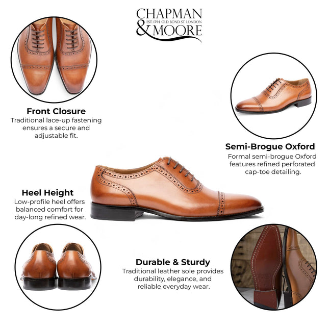 Chapman & Moore Men's Tan Brown Leather Semi-Brogue Cap-Toe Oxford Shoes