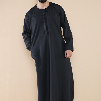 Mens Black Thobe Jubba Saudi Islamic Arab Eid Emirati Kaftan Jubbah Tassel Robe