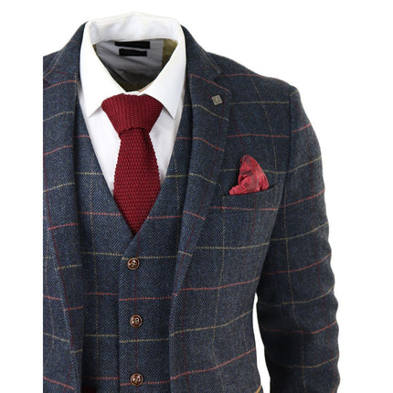 Mens Navy Tweed Check 3-Piece Suit