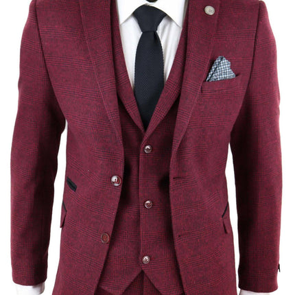 Mens 3 Piece Tweed Suit Wool Burgundy Black 1920s Authentic 1920s Blinders Suit Retro Classic