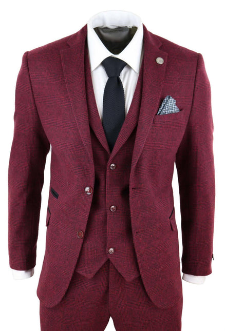 Mens 3 Piece Tweed Suit Wool Burgundy Black 1920s Authentic 1920s Blinders Suit Retro Classic