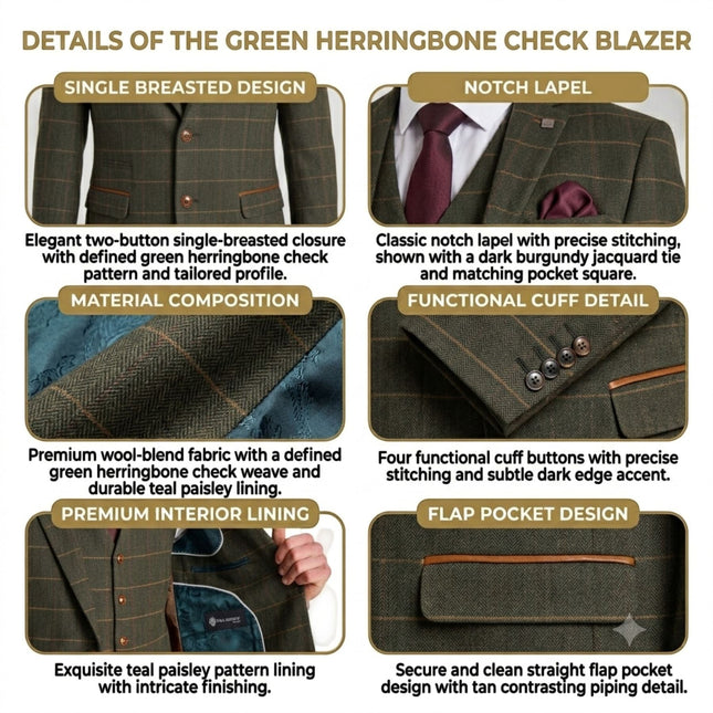 Men's Green Tweed Herringbone Formal Check Blazer - Harris