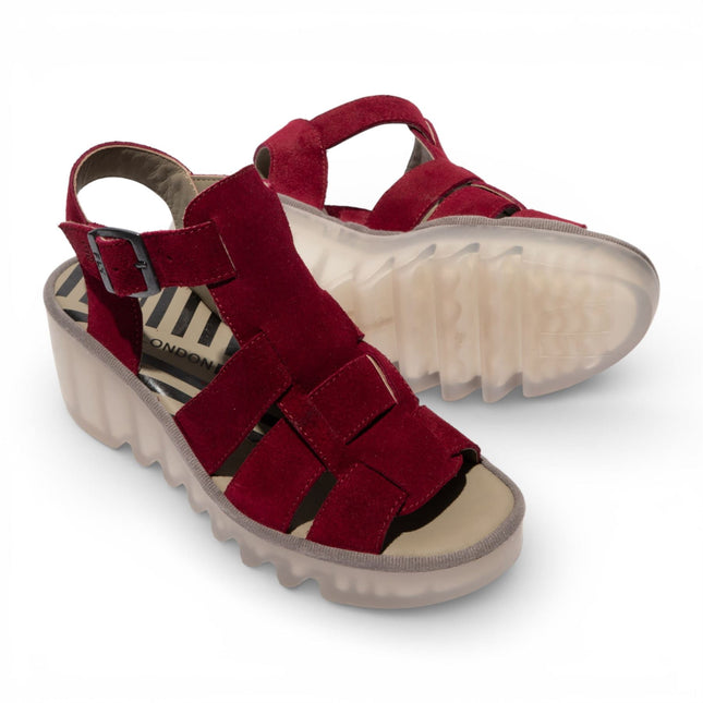 Fly London Women's BAIC621FLY Berry Red Suede Leather Wedge Sandals