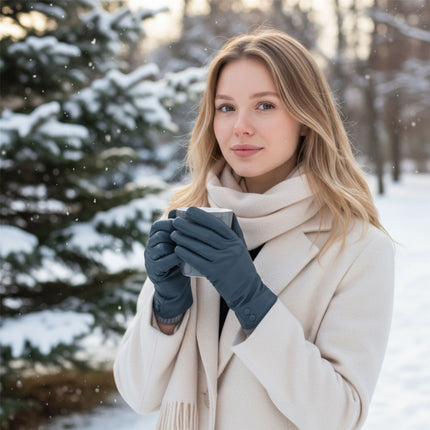 Womens Teal Green Italian Leather Winter Button Design Soft Wool Lining Gloves - L-GLV-501