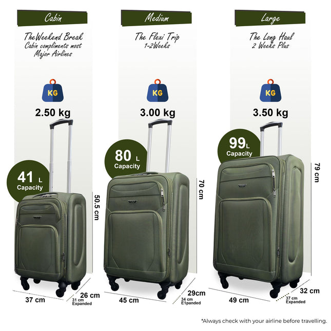 Soft Shell Lightweight Nylon Suitcase Set 4 Wheel Travel Case Holiday Bags
