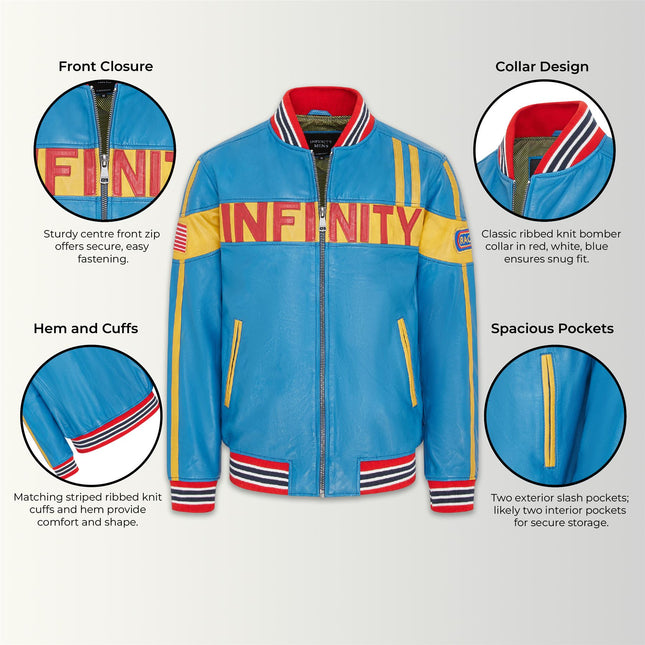 Men's Blue Leather Track Racing Bomber Biker Jacket - Player