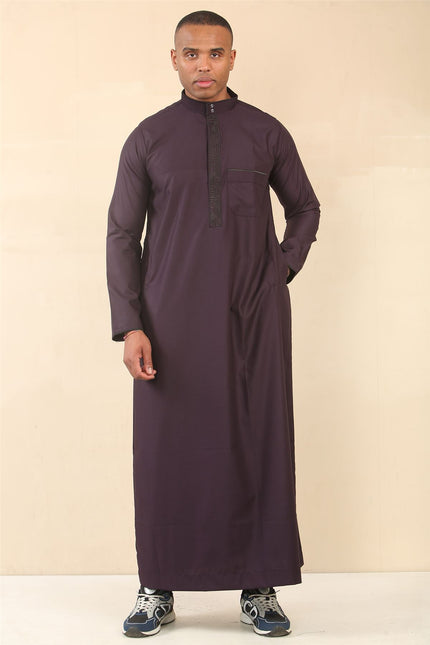 Mens Purple Thobe Jubba Emirati Islamic Arabic Eid Embroidery Kaftan Jubbah Robe