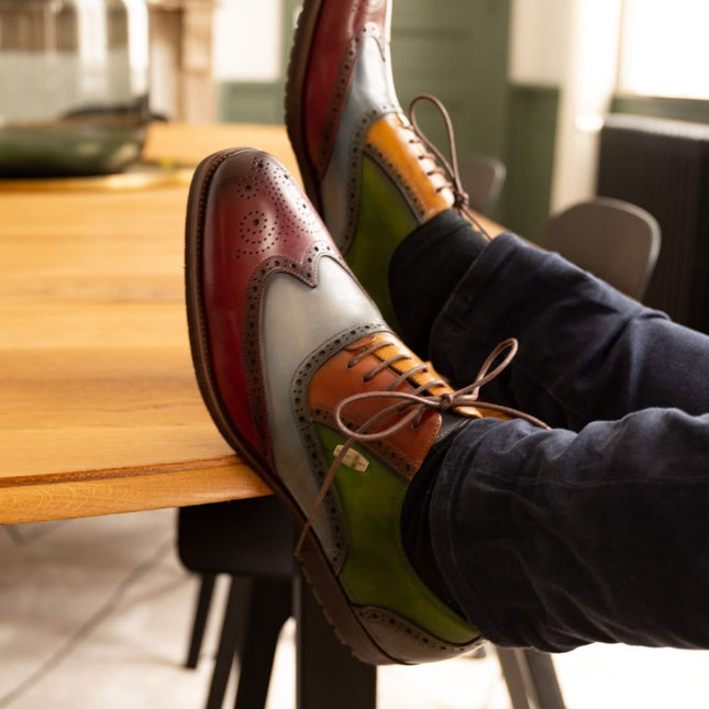 Lorenzo Conti Men's Black Burgundy Leather Brogue Oxford DressShoes - Antonin 01