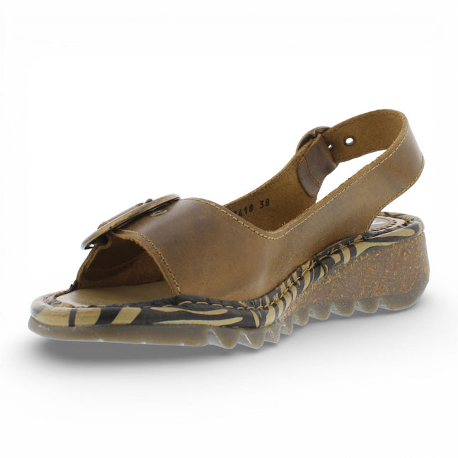 Fly London Women's TRAM723FLY Camel Brown Leather Wedge Sandals