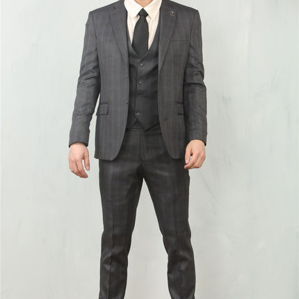 Men's 3 Piece Prince Of Wales Charcoal Suit Workwear