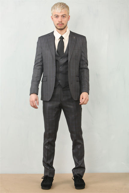 Men's 3 Piece Prince Of Wales Charcoal Suit Workwear