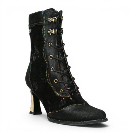Laura Vita Women's Gothic Victorian Black Leather Heeled Lace-Up Boots - Oanelo-03