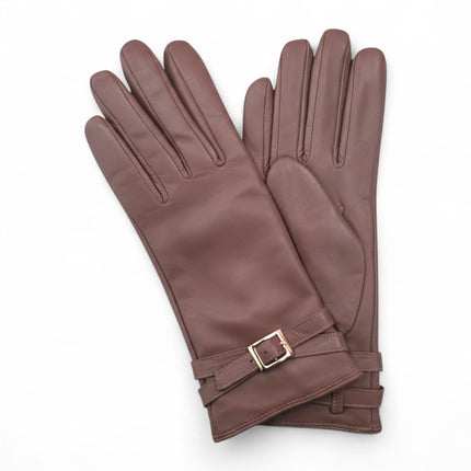 Womens Nude Beige Italian Leather Winter Buckle Soft Wool Lining Gloves - L-GLV-601