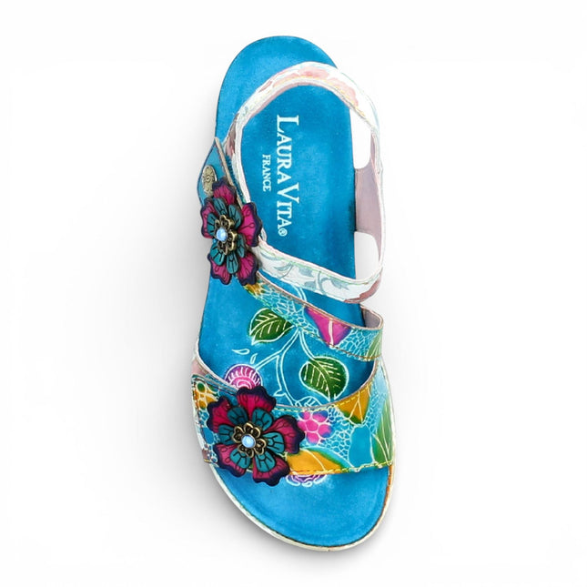 Laura Vita Women's Bonito 32 Turquoise Blue Floral Leather Wedge Espadrille Sandals