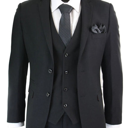Mens 3 Piece Plain Black Classic Retro Suit