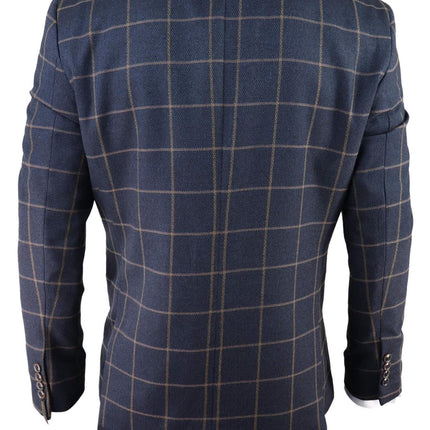 Mens Navy Blue Check 3 Piece Tweed Suit Peaky Blinders 1920s Gatsby Tailored Fit