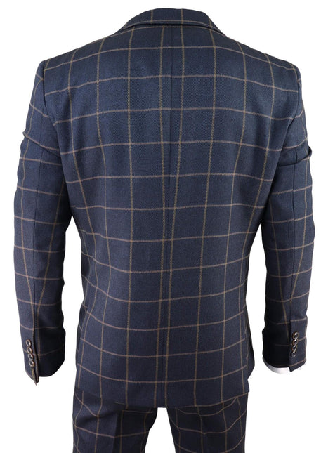 Mens Navy Blue Check 3 Piece Tweed Suit Peaky Blinders 1920s Gatsby Tailored Fit