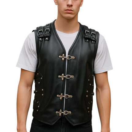 Men’s Black Biker Leather Waistcoat Metal Buckles Vest - Coolgardie