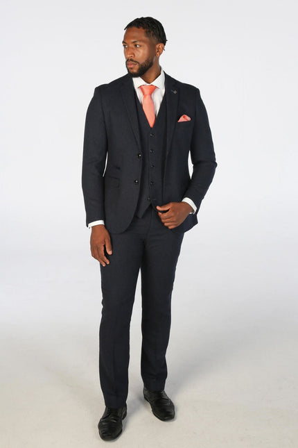 Men's Navy Blue Wool Blend Tweed 3 Piece Formal Suit