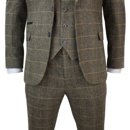 Mens 3 Piece Tan Brown Check Tweed Herringbone Vintage Classic Suit