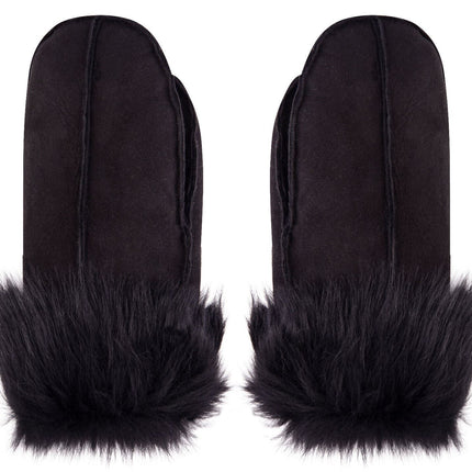Unisex Blackl Sheepskin Leather Shearling Mittens Warm Gloves