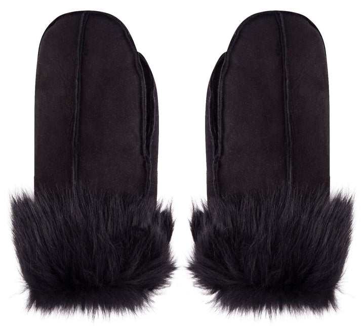 Unisex Blackl Sheepskin Leather Shearling Mittens Warm Gloves