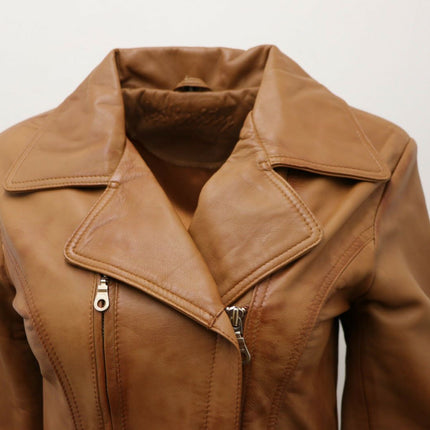 Womens Leather Long Biker Jacket-Muscat