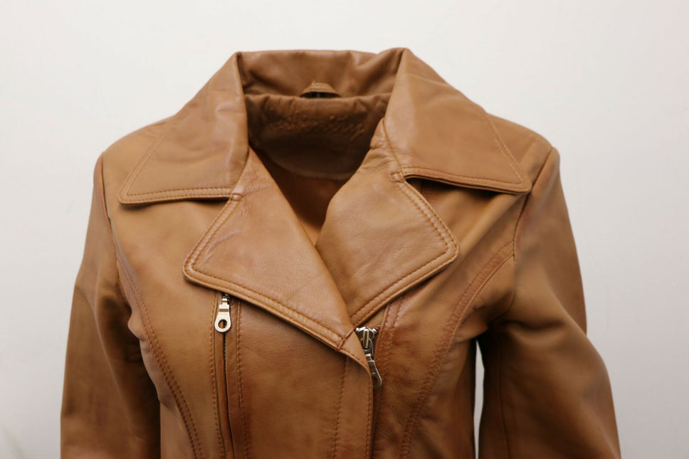 Womens Leather Long Biker Jacket-Muscat