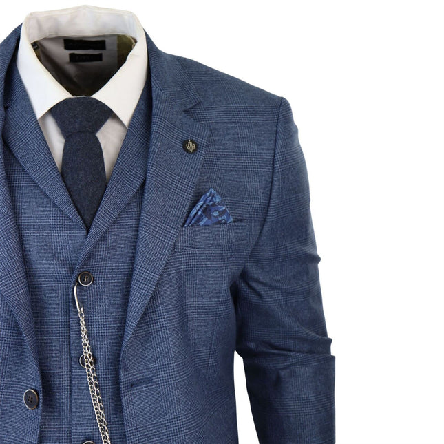 Men's 3 Piece Blue Prince Of Wales Check Suit