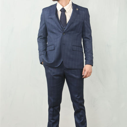 Men's 3 Piece Prince Of Wales Blue Suit Workwear