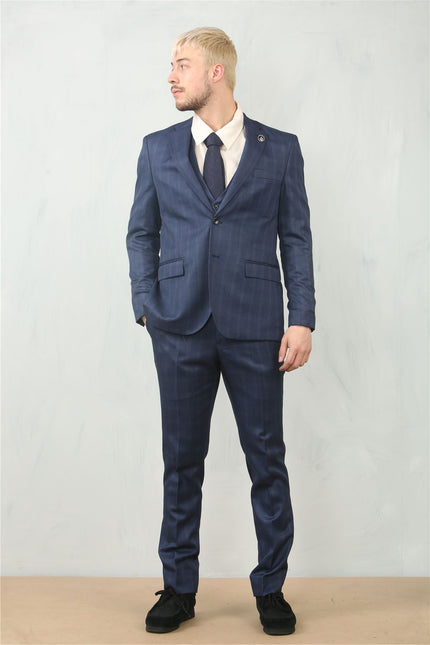 Men's 3 Piece Prince Of Wales Blue Suit Workwear