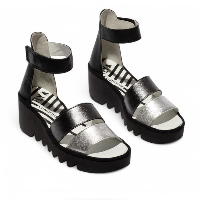 Fly London Women's Bono290Fly Silver Black Idra Leather Wedge Sandals