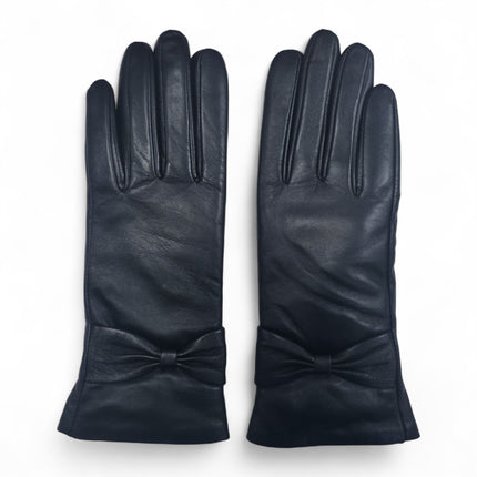 Womens Black Italian Leather Winter Bow Design Soft Wool Lining Gloves - L-GLV-401