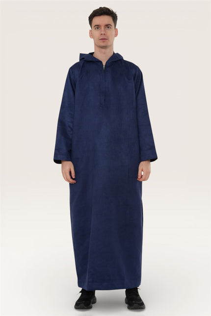 Men's Hooded Eid Navy Blue Moroccan Jubba Robe Ramadan Eid Thobe - HM12